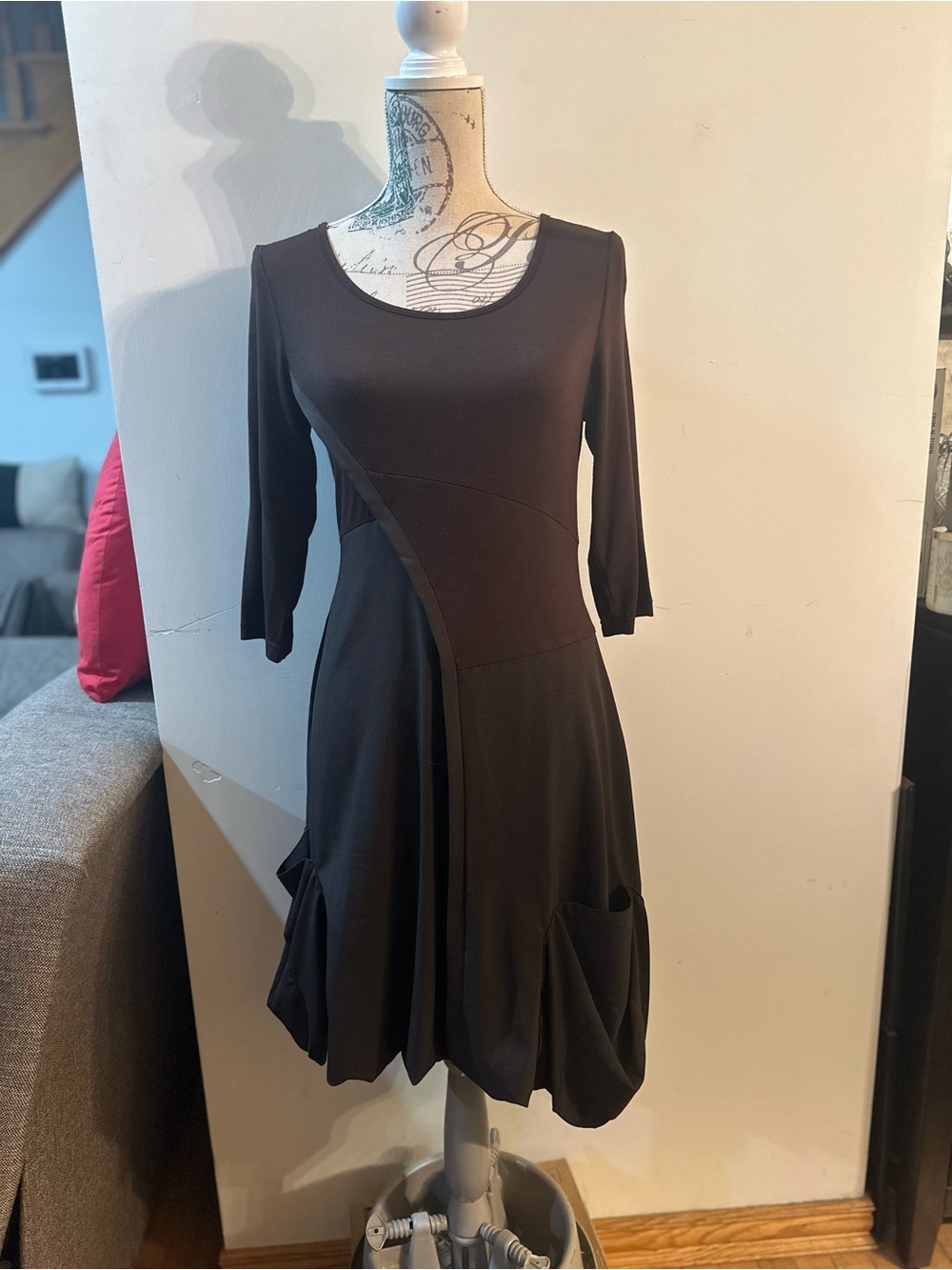 Brown Women's Scoop Neck A-Line Dress with Pocket Details